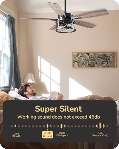 EDISHINE 52" Black Farmhouse Ceiling Fans With Lights, Remote Control, Dimmable, Reversible DC Motor, 5 Wooden Blades Rustic Indoor/Outdoor Ceiling Fan for Living Room Bedroom Porch - Image 4