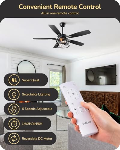 EDISHINE 52" Black Farmhouse Ceiling Fans With Lights, Remote Control, Dimmable, Reversible DC Motor, 5 Wooden Blades Rustic Indoor/Outdoor Ceiling Fan for Living Room Bedroom Porch - Image 2