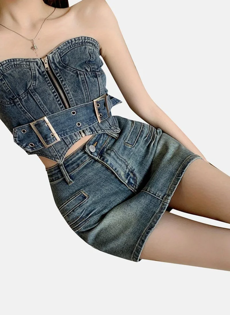 YUNIQEE Blue Solid Denim Mini Skirt
