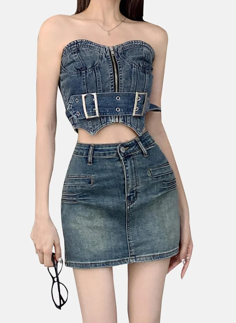YUNIQEE Blue Solid Denim Mini Skirt