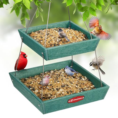 Kingsyard 2 Tier Large Platform Bird Feeders for Outdoors Hanging 5 lbs Capacity Recycled Plastic Flat Mealworm Bird Feeder Tray Garden Decoration Attracting Cardinal Blue Jay Green - Image 1