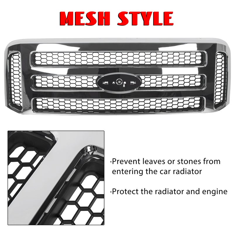 ECOTRIC Front Grille Compatible with Ford 1999-2004 F250 F350 Super Duty 2000-2004 Excursion New Grille Chrome Mesh Style - Image 3