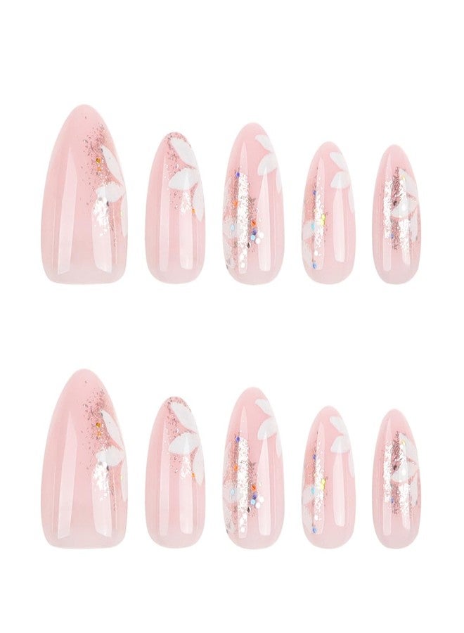 YKZFUI Glitter Pink Press on Nails with Flower Designs, Cute Pink Fake Nails Short Shaped French Tip Nude Acrylic Nails Gloss False Nails Reusable Glue on Nails for Women Girls 24Pcs - Image 2