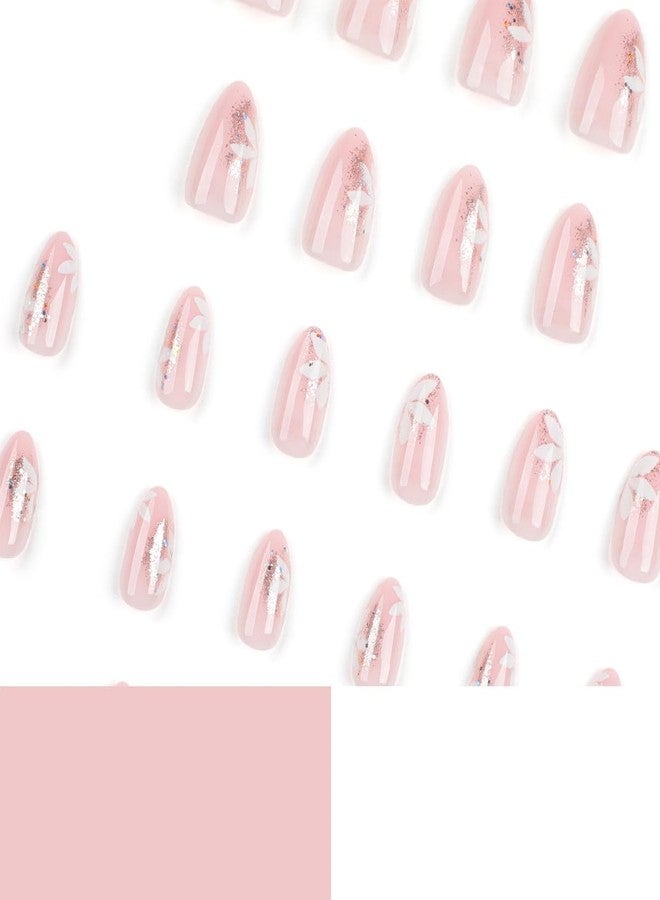 YKZFUI Glitter Pink Press on Nails with Flower Designs, Cute Pink Fake Nails Short Shaped French Tip Nude Acrylic Nails Gloss False Nails Reusable Glue on Nails for Women Girls 24Pcs - Image 5