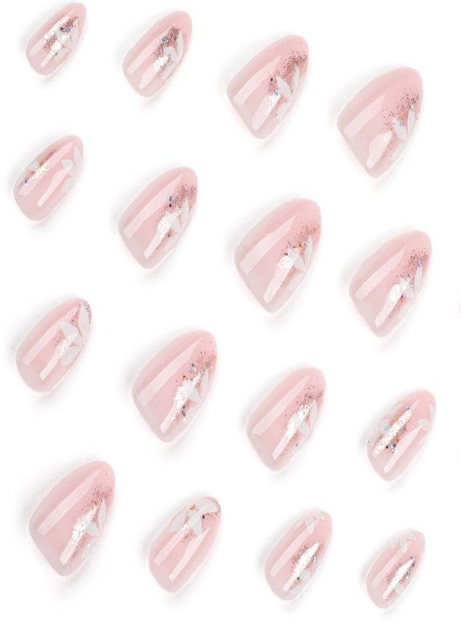 YKZFUI Glitter Pink Press on Nails with Flower Designs, Cute Pink Fake Nails Short Shaped French Tip Nude Acrylic Nails Gloss False Nails Reusable Glue on Nails for Women Girls 24Pcs - Image 4