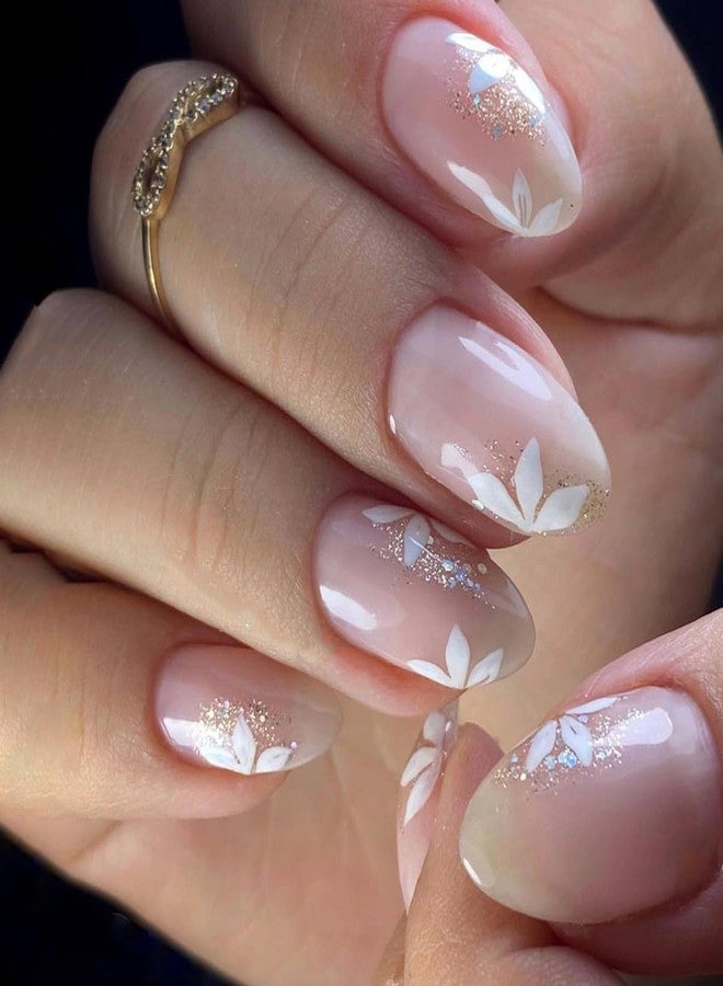 YKZFUI Glitter Pink Press on Nails with Flower Designs, Cute Pink Fake Nails Short Shaped French Tip Nude Acrylic Nails Gloss False Nails Reusable Glue on Nails for Women Girls 24Pcs - Image 1