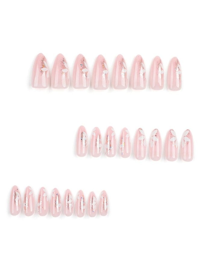 YKZFUI Glitter Pink Press on Nails with Flower Designs, Cute Pink Fake Nails Short Shaped French Tip Nude Acrylic Nails Gloss False Nails Reusable Glue on Nails for Women Girls 24Pcs - Image 3
