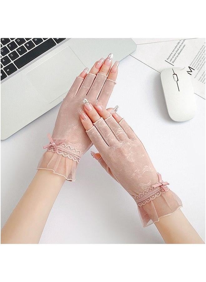 Generic Half-Finger Gloves Womens Ultra-Thin Ice Silk Elastic Lace Anti-Slip for Driving and Riding A81-leather powder