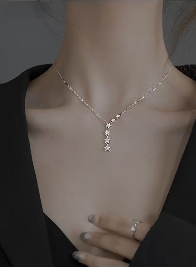 Sterling Silver Star Choker Necklace Crystal Drop Pendant Simple Chain Jewelry for Women and Teen Girls - Image 1