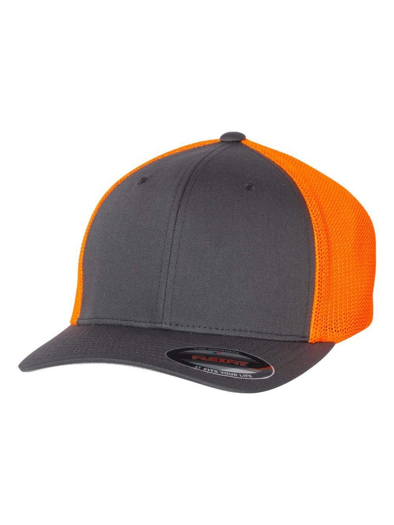 Flexfit Unisex Mesh Fitted 2-Tone Trucker Hat, Charcoal/Neon Orange, One Size - Image 1
