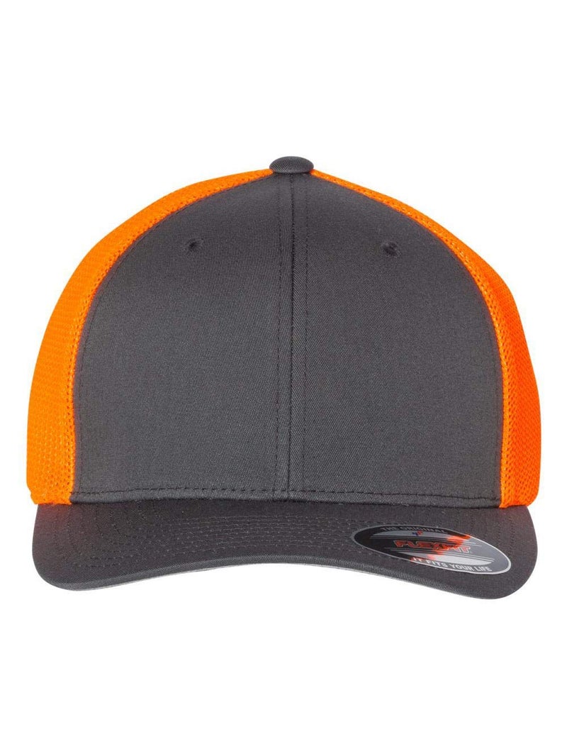 Flexfit Unisex Mesh Fitted 2-Tone Trucker Hat, Charcoal/Neon Orange, One Size - Image 2