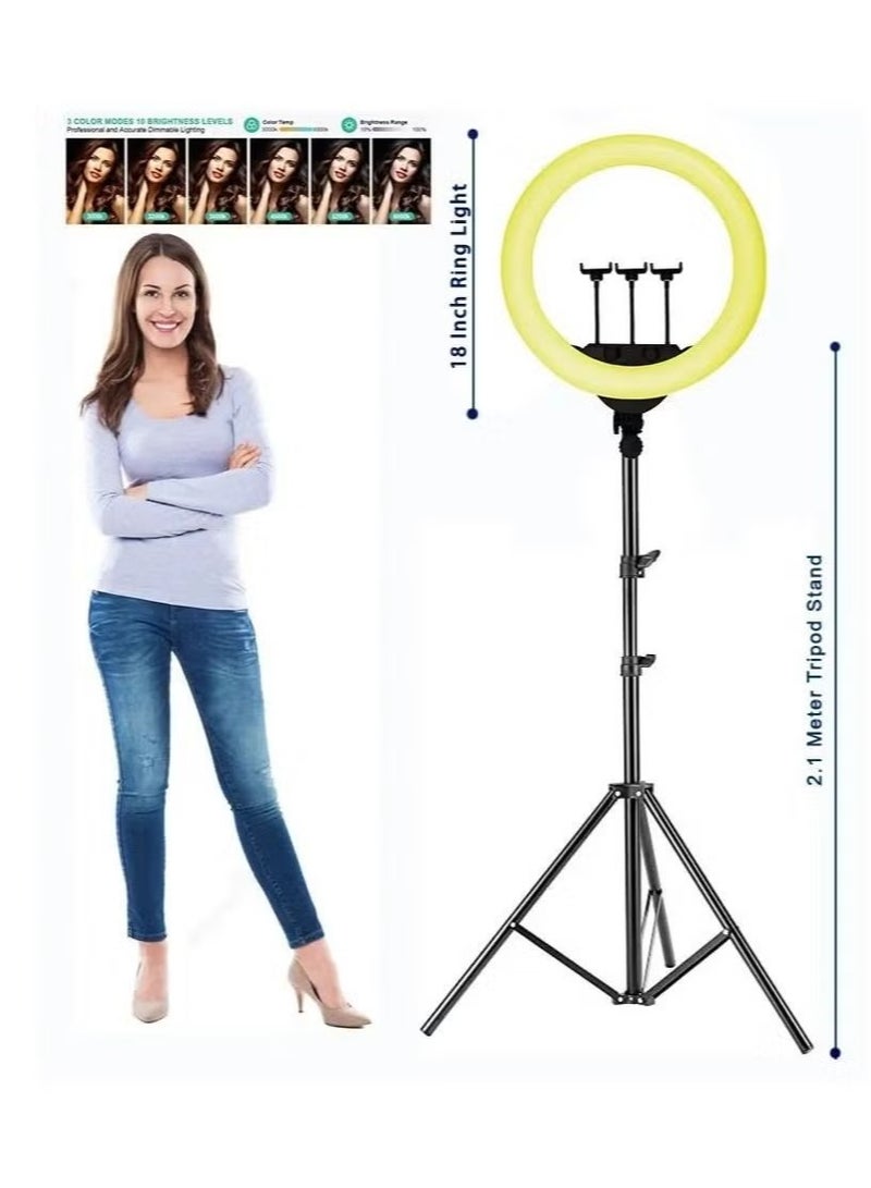18 inch Dimmable Circle LED Studio Selfie Ring Light With 2.1 Meter Tripod Stand Remote And 3 Mobile Phone Holders For Makeup Camera Photography YouTube Video Shoot TikTok Vlog Live Stream Compatible  - Image 4
