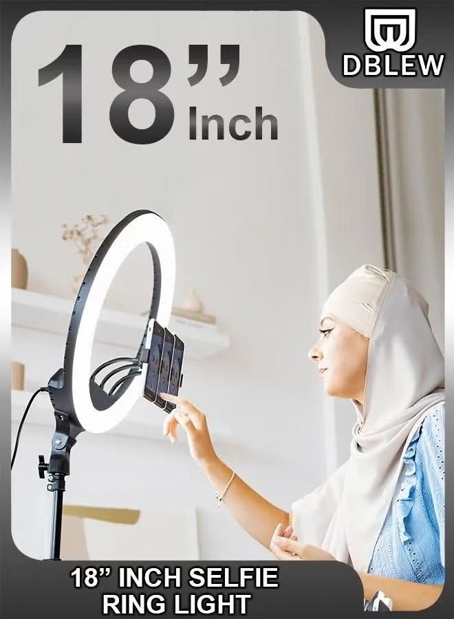 18 inch Dimmable Circle LED Studio Selfie Ring Light With 2.1 Meter Tripod Stand Remote And 3 Mobile Phone Holders For Makeup Camera Photography YouTube Video Shoot TikTok Vlog Live Stream Compatible  - Image 1