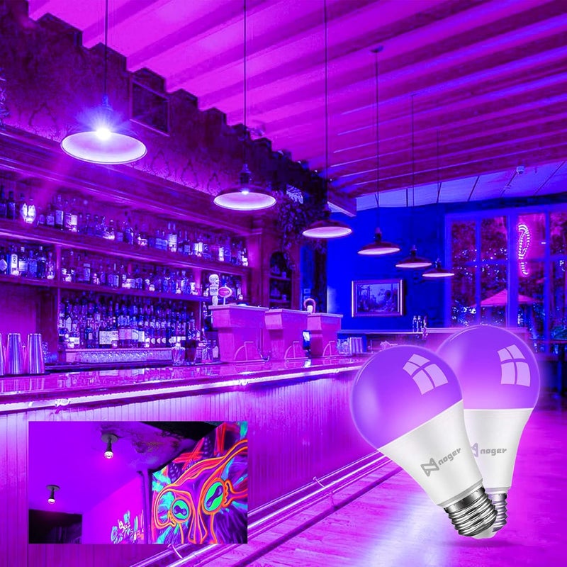 لمبات LED سوداء، لمبة LED A60 بقدرة 9 واط (تعادل 75 واط)، مستوى الأشعة فوق البنفسجية 380-400 نانومتر، قاعدة E27 متوسطة 220 فولت، تتوهج في الظلام لحفلات الضوء الأسود، طلاء الجسم، ملصقات فلورية - عبوة من 2 قطعة - Image 5