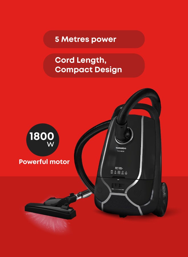 TORNADO Vacuum Cleaner 1800 Watt HEPA Filter Black TVC-1800EB 220 W TVC-1800EB black - Image 5