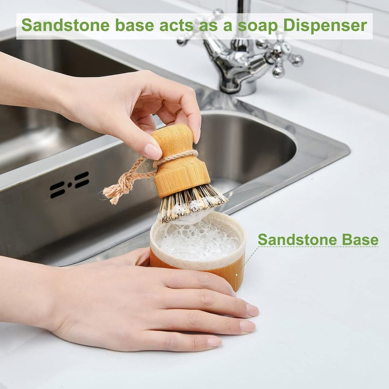 SUBEKYU Bamboo Dish Brush with Soap Holder, Wooden Dish Scrubber with Soap Dispenser, Washing Cast Iron Pans/Dishes/Sinks, 1 Pack - Image 3
