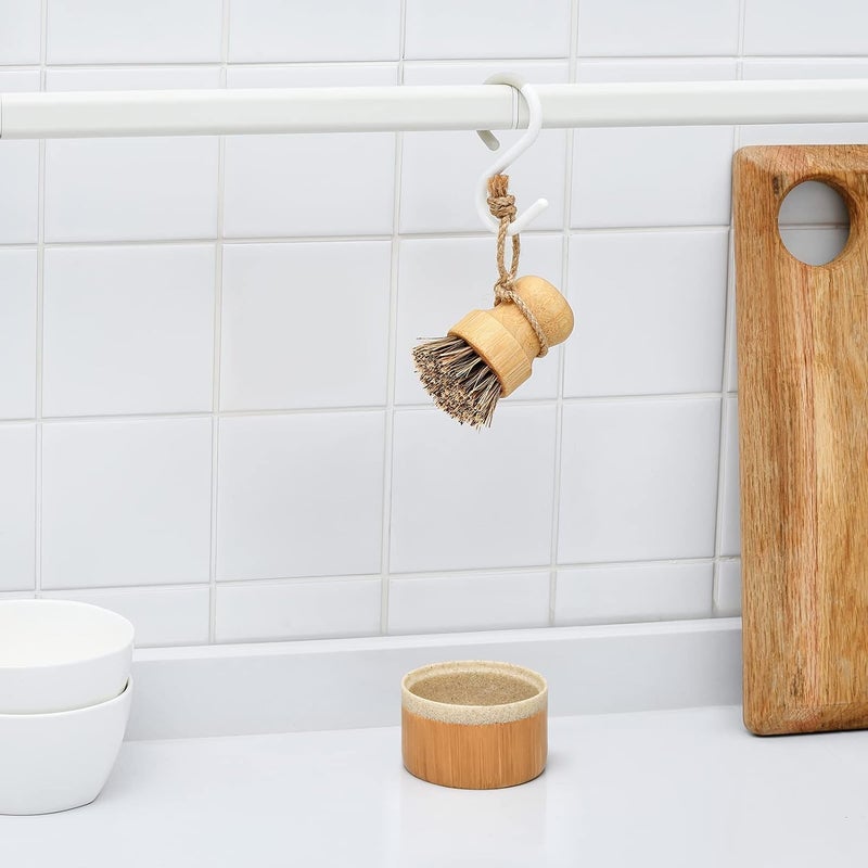 SUBEKYU Bamboo Dish Brush with Soap Holder, Wooden Dish Scrubber with Soap Dispenser, Washing Cast Iron Pans/Dishes/Sinks, 1 Pack - Image 5