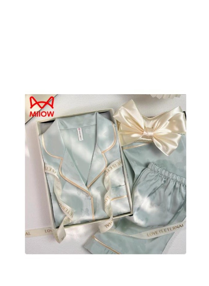 MIIOW - Water Blue Butterfly Silk Gift Box Set Short Sleeved Shorts Long Pants Three Piece Set - Image 1