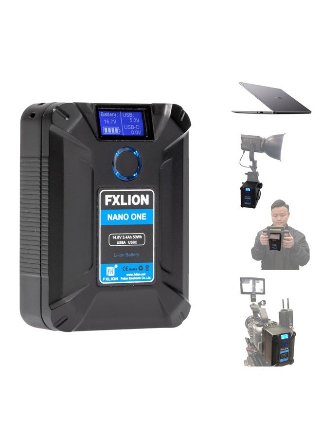 SONGING بطارية FXLION Nano ONE V Mount/V-Lock سعة 3400mAh (50Wh/14.8V) مع موصلات D-TAP و USB-C و USB-A و Micro USB، وزن 10 أونصات، مناسبة للكاميرات وكاميرات الفيديو والأضواء LED والشاشات وماك بوك والهواتف الذكية - Image 1