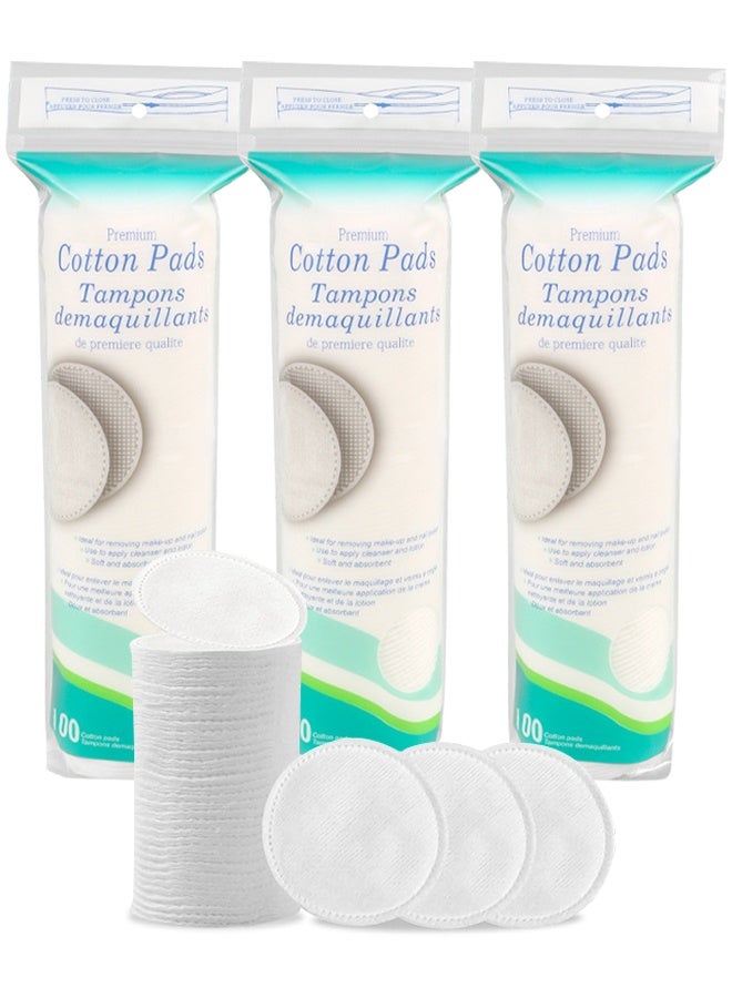 Premium 3 Packs 300 Sheets Premium Cotton Rounds, Highly Absorbent Makeup Remover Pad, Premium Cotton Rounds For Face Facial Lip & Eye Makeup Remover Pads, Effective Cosmetic Cotton Round, Hypoallergenic, Lint-Free - Image 1