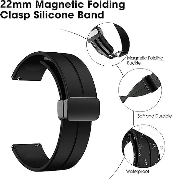 IIK COLLECTION Silicone 22mm Strap with Folding Magnetic Lock for Smart Watches|Compatible with Noise, Fireboltt, Boat, Amazfit, Samsung, Black - Image 2