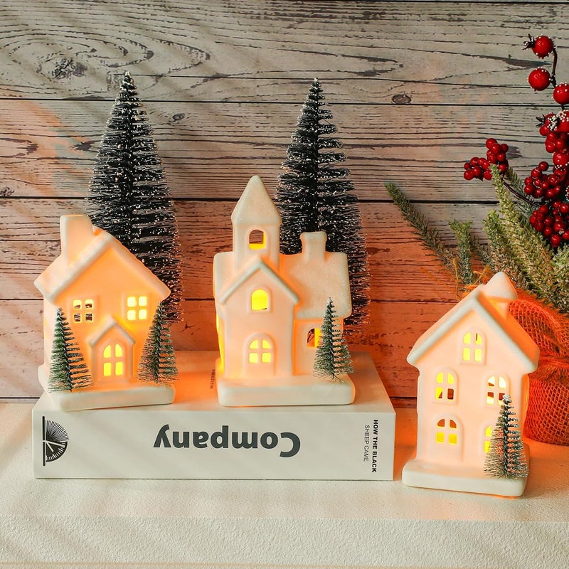 Peninpha 5PCS Christmas Village Sets - 3 LED Lighted Ceramic White Houses with 2 Decorative Christmas Trees Remote Control Led Candles for Home Tabletop Mantel Shelf Decor - Image 1