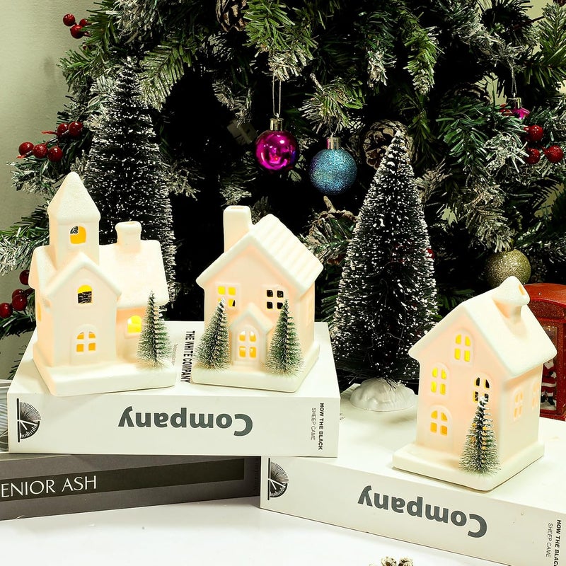 Peninpha 5PCS Christmas Village Sets - 3 LED Lighted Ceramic White Houses with 2 Decorative Christmas Trees Remote Control Led Candles for Home Tabletop Mantel Shelf Decor - Image 3