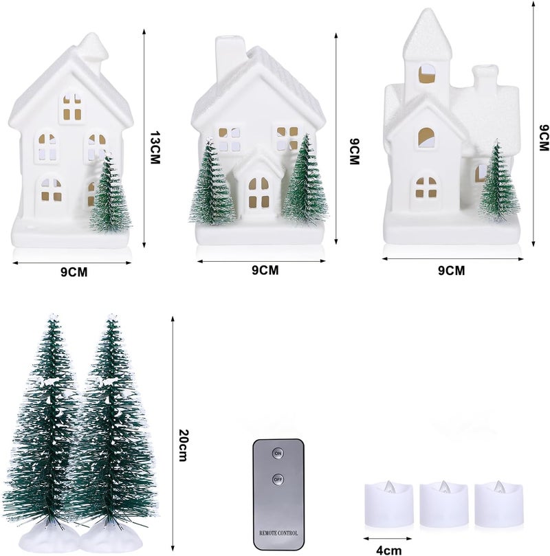 Peninpha 5PCS Christmas Village Sets - 3 LED Lighted Ceramic White Houses with 2 Decorative Christmas Trees Remote Control Led Candles for Home Tabletop Mantel Shelf Decor - Image 2