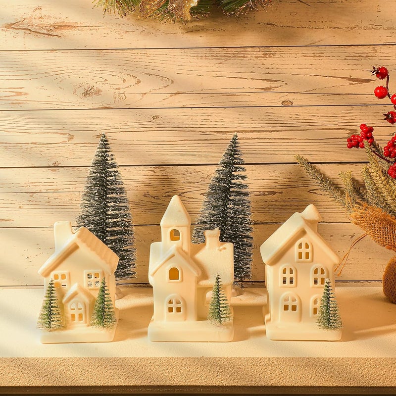 Peninpha 5PCS Christmas Village Sets - 3 LED Lighted Ceramic White Houses with 2 Decorative Christmas Trees Remote Control Led Candles for Home Tabletop Mantel Shelf Decor - Image 4