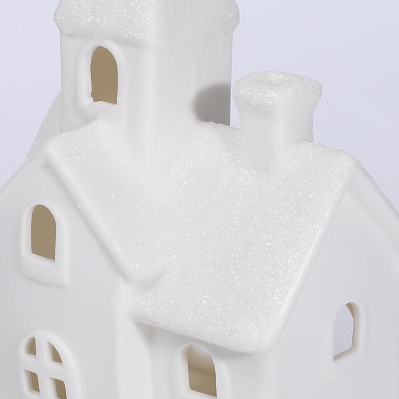 Peninpha 5PCS Christmas Village Sets - 3 LED Lighted Ceramic White Houses with 2 Decorative Christmas Trees Remote Control Led Candles for Home Tabletop Mantel Shelf Decor - Image 5