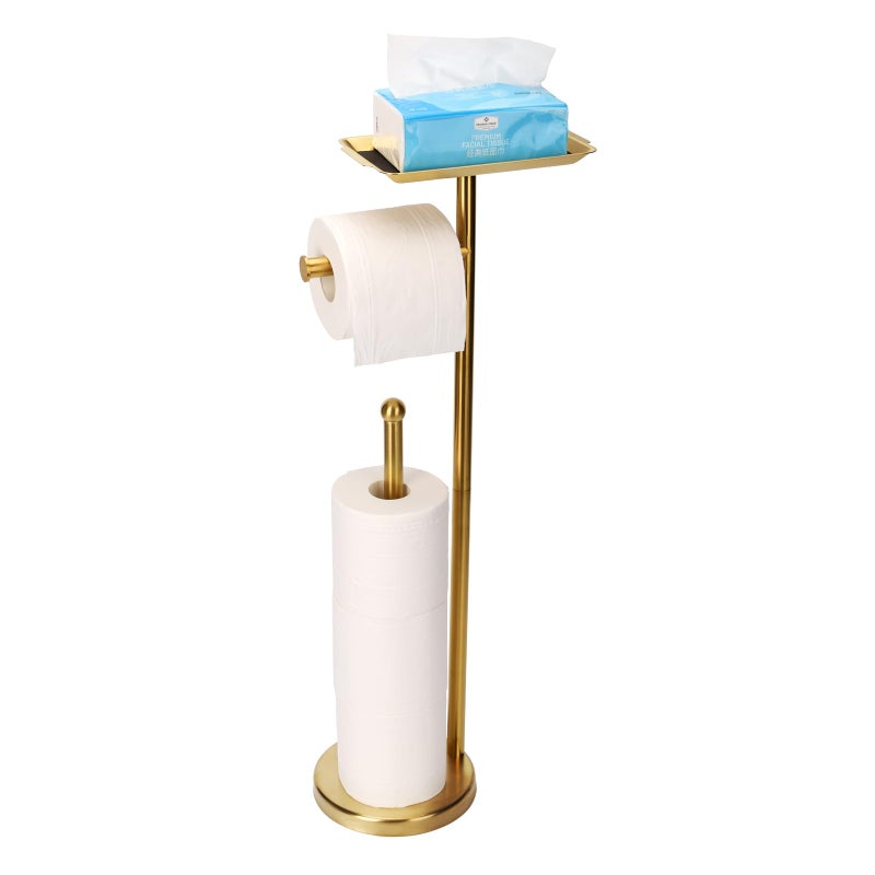 exilon حامل ورق التواليت إكسيلون للأرضية للحمام حامل ورق التواليت المستقل تخزين 4 لفات احتياطية مع رف تخزين علوي للهاتف المحمول باللون الذهبي المصقول