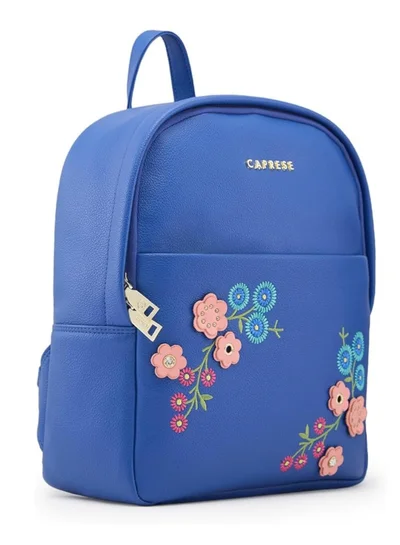 CAPRESE Caprese Erica Fashion Backpack for Women, Medium | Blue Floral Embroidered | Spacious Interiors| Bag With Top Grab & Adjustable Shoulder Strap| Mini Backpack for Girls & Women