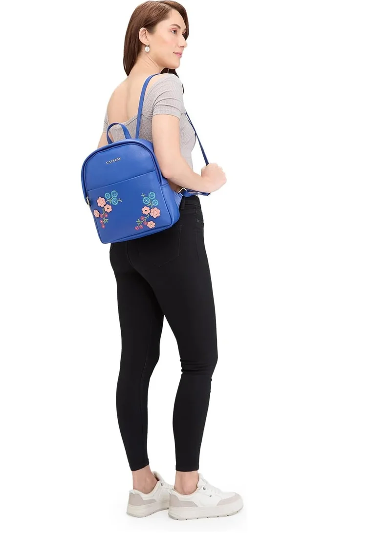 CAPRESE Caprese Erica Fashion Backpack for Women, Medium | Blue Floral Embroidered | Spacious Interiors| Bag With Top Grab & Adjustable Shoulder Strap| Mini Backpack for Girls & Women