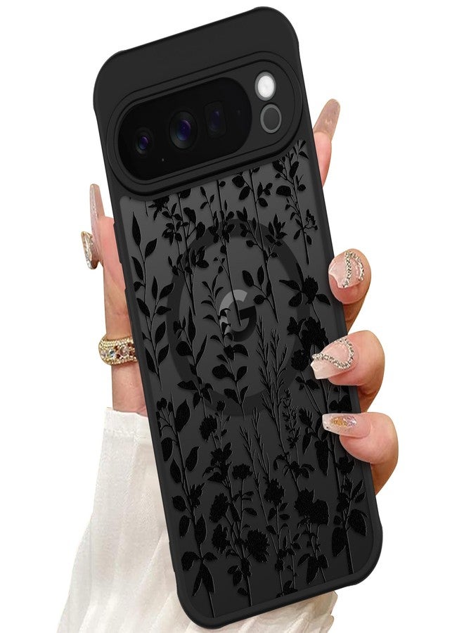 ZIYE Magnetic Case for Google Pixel 10 Pro 6.3 Inch [Compatible with MagSafe] Hard PC and Soft TPU Case with Black Floral Flowers Anti-Scratch Shockproof Protection Phone Cover for Women - Image 1