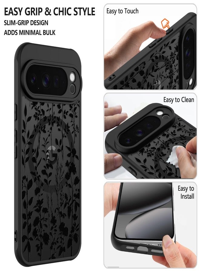 ZIYE Magnetic Case for Google Pixel 10 Pro 6.3 Inch [Compatible with MagSafe] Hard PC and Soft TPU Case with Black Floral Flowers Anti-Scratch Shockproof Protection Phone Cover for Women - Image 4