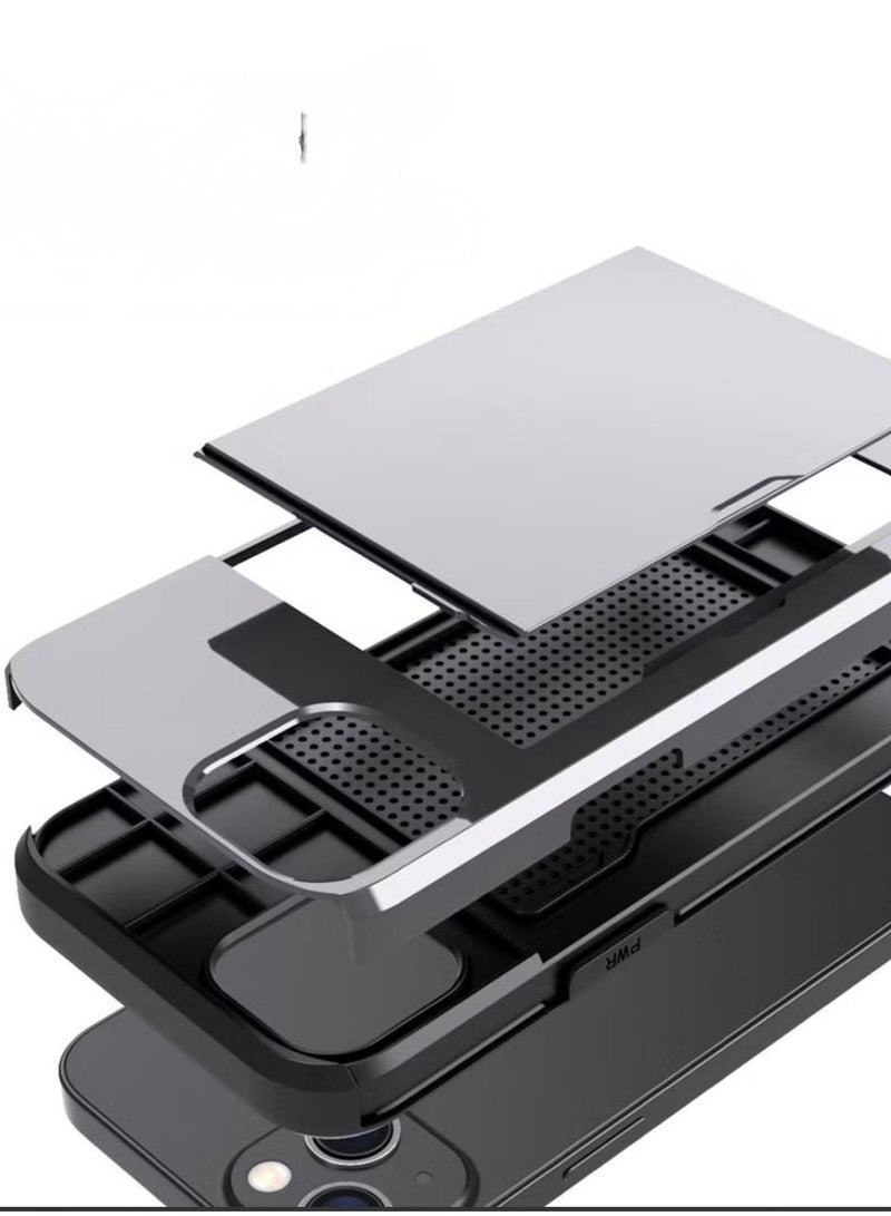GULFLINK iPhone 15 Case with Card Holder Heavy Duty Protective Dual Layer Shockproof Hidden Card Slot Wallet Case Gray  - Image 5