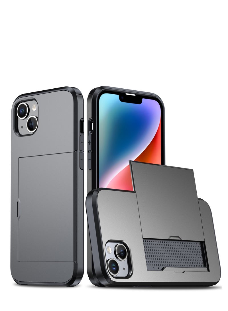 GULFLINK iPhone 15 Case with Card Holder Heavy Duty Protective Dual Layer Shockproof Hidden Card Slot Wallet Case Gray  - Image 1