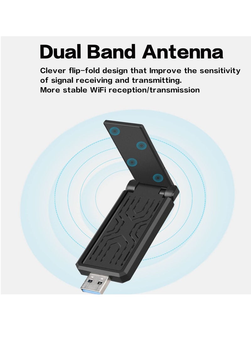 Excefore USB WiFi Adapter, for Desktop PC WiFi Adapter, Wireless USB Network Adapter, AC1300Mbps Long Range, Dual-Band 5dBi High Gain Antenna, USB3.0, 2.4GHz/5GHz, Windows7-11/XP, Mac OS 10.9-10.15  - Image 4