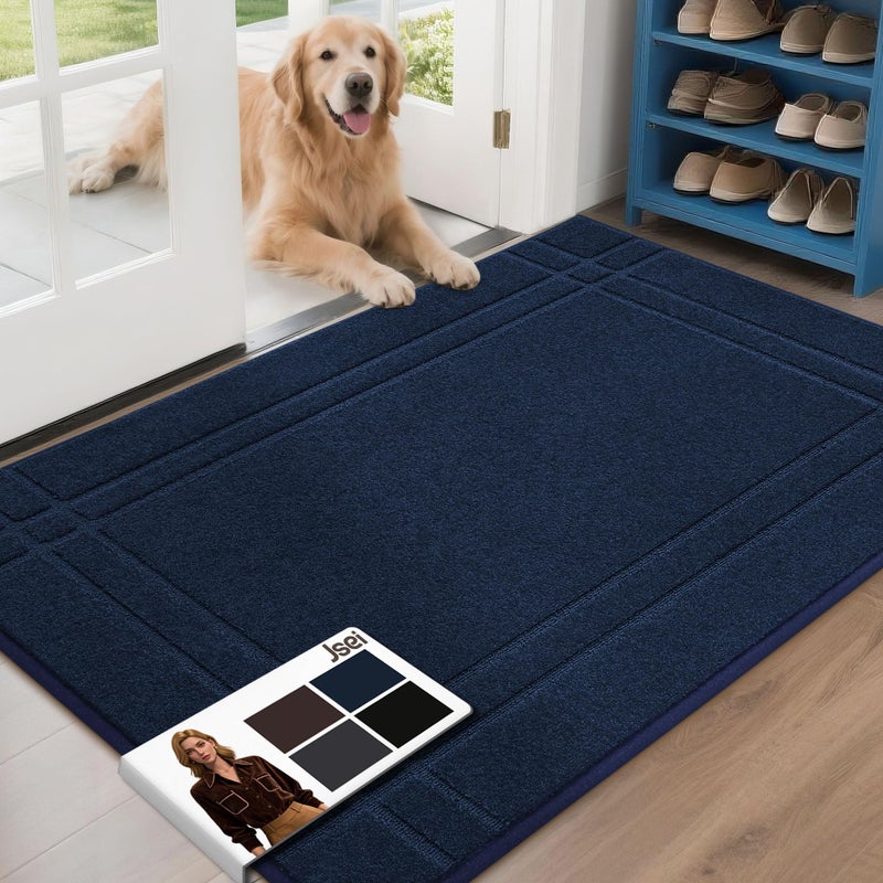 JSEI Entryway Rugs Doormat 32"x48", Non-Slip Dirt Trapper Door Mats Indoor, Washable Absorbent and Stain Resist Welcome Floor Mat for Front Door, Dog Door Mat, Muddy Wet Shoes & Paws, Navy Blue - Image 1