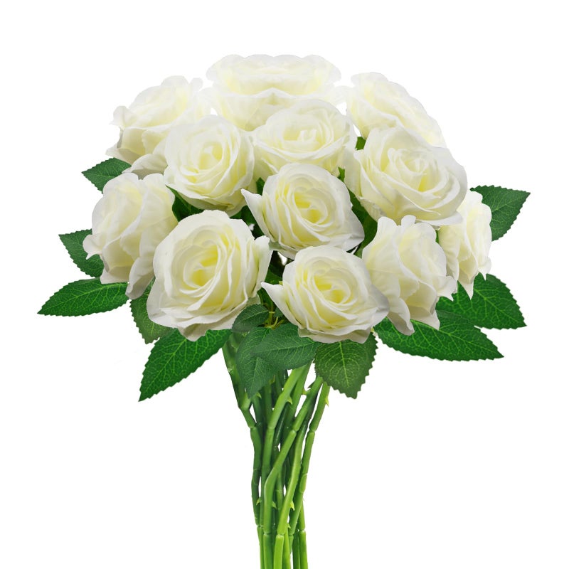 hailanbao White Artificial Roses with Long Stems, 12Pcs Realistic Roses Artificial Flowers, Faux Roses | Bulk Fake Flowers for Home Decor, Wedding Party Table Centerpieces, DIY Bouquet - Image 1