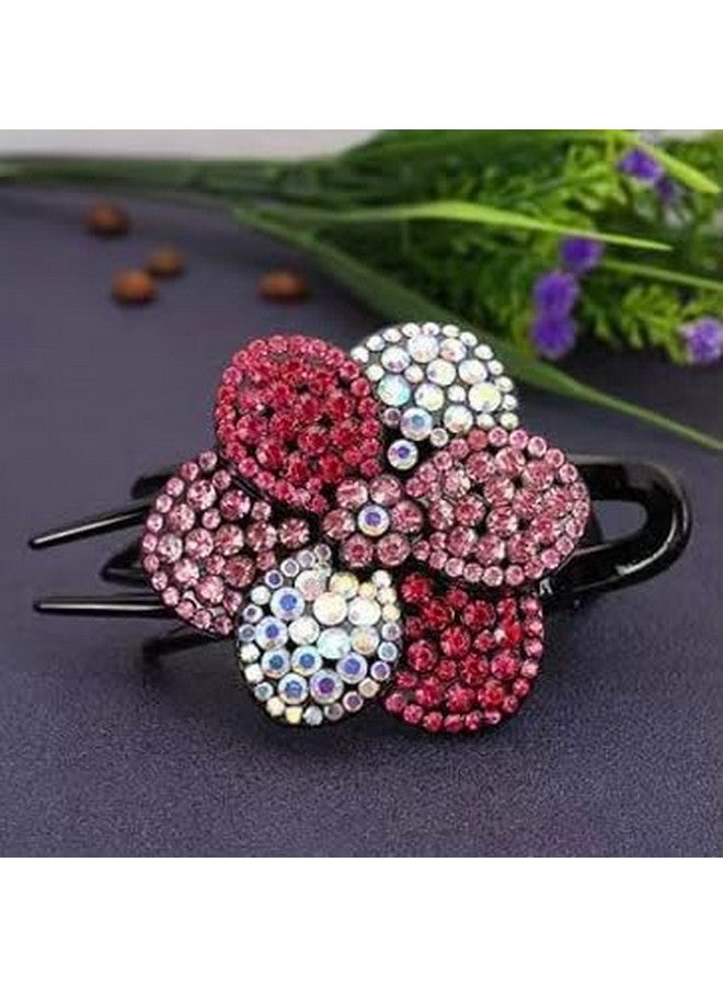 ZEMANIA Single Flower Rhinestones Hair Claw Clip, Shiny Ponytail Holder Catch Barrette No Slip French Curved Duckbill Hair Clamp For Girls (Pink) - Image 3