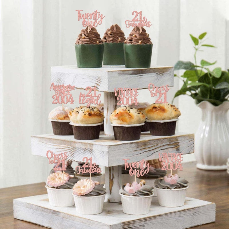 RSSTARXI 24 حزمة عيد ميلاد 21 Cupcake Topcake Glitter One Legal 21 Fabulous Vintage 2004 Cupcake يختار الهتافات إلى 21 عامًا - Image 4