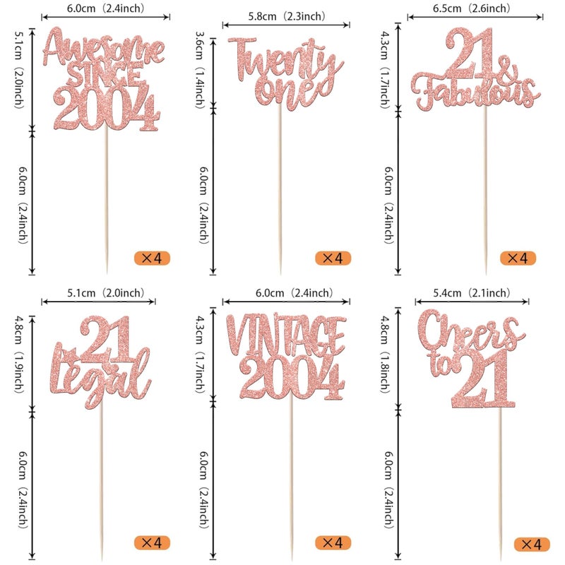 RSSTARXI 24 حزمة عيد ميلاد 21 Cupcake Topcake Glitter One Legal 21 Fabulous Vintage 2004 Cupcake يختار الهتافات إلى 21 عامًا - Image 2