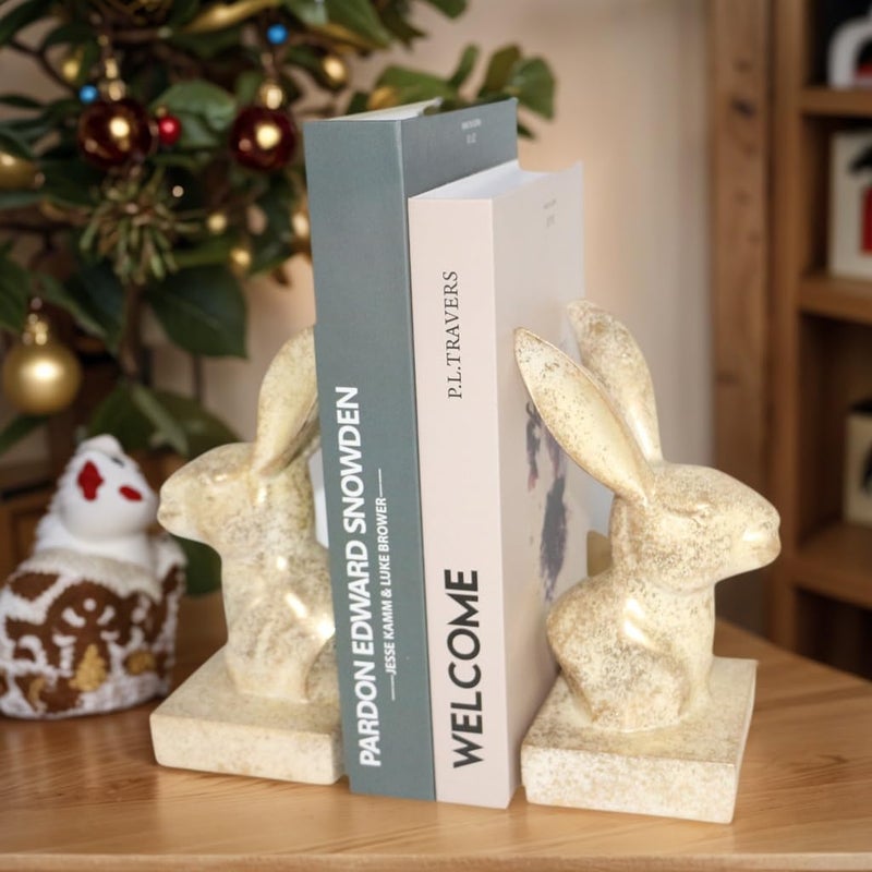 JOOMBE Rabbit Decorative Bookend,1 Pair Cute Bunny Book Ends, Decorative Bookends for Heavy Books, Vintage Shelf Decor,Antique Gold - Image 5