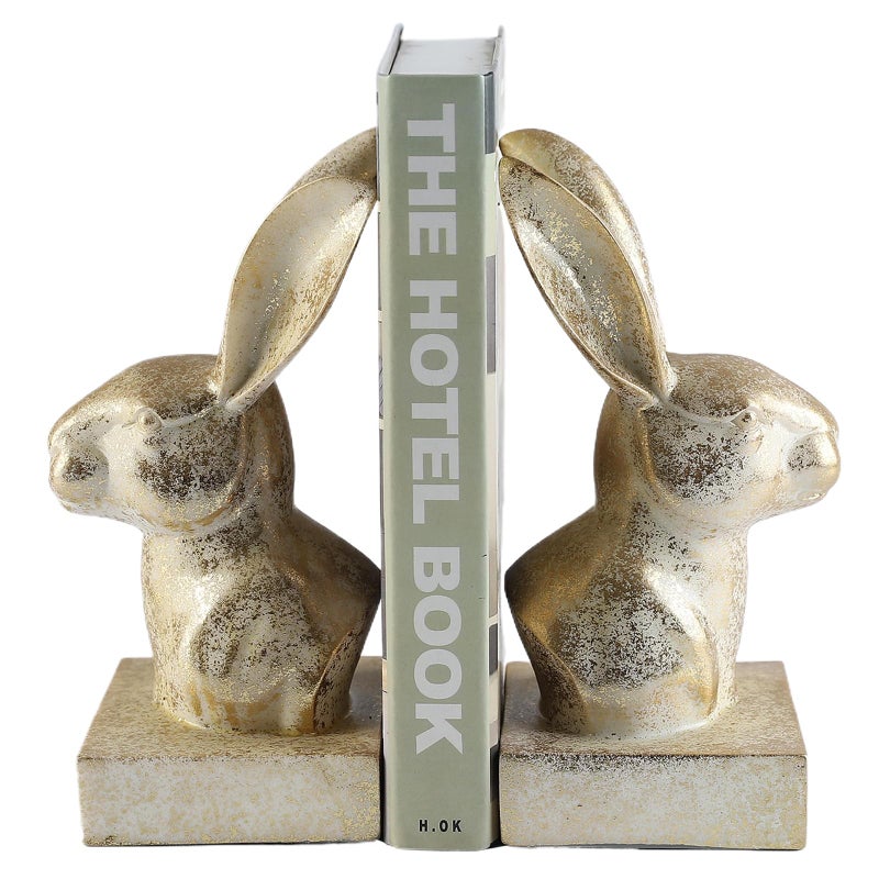 JOOMBE Rabbit Decorative Bookend,1 Pair Cute Bunny Book Ends, Decorative Bookends for Heavy Books, Vintage Shelf Decor,Antique Gold - Image 1