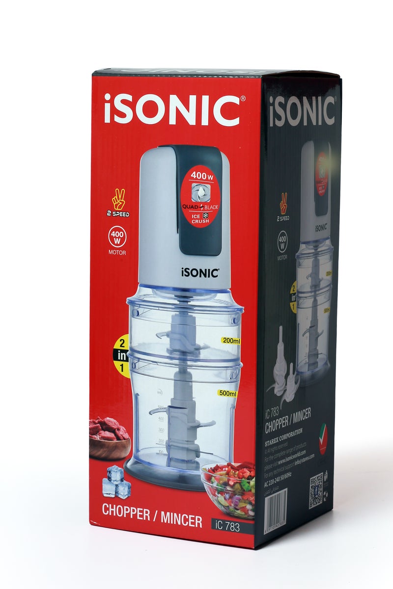 iSONIC مفرمة شوبير IC 783 400 واط 2 سرعات مزدوجة جرة 200 مل 500 مل رباعية الشفرات - Image 4
