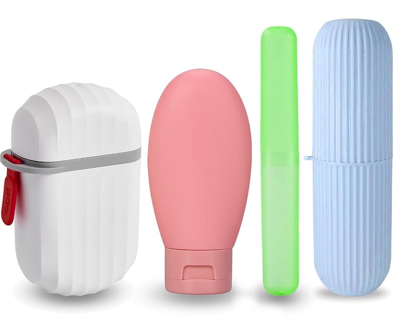 Styllent 4PCS Travel Set for Toiletries Capsule Squeeze Silicone Bottles for Cream & Shampoo Bathroom Toiletry containers Leakproof Soap Dish Box Toothbrush Toothpaste Case Holder for Trip & Hiking - Image 1