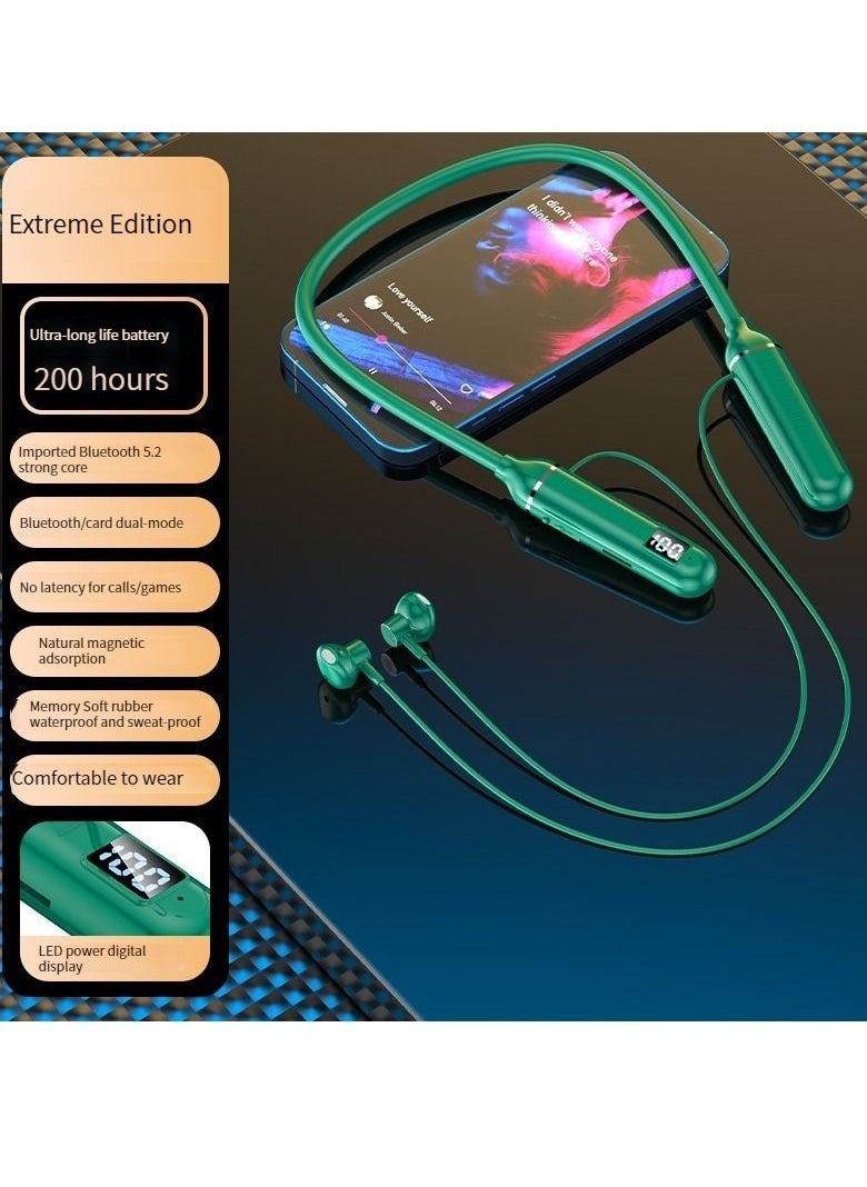 GELESE Digital display neck-worn wireless bluetooth earphone multi-functional large-capacity semi-in-ear sports stereo hanging neck headset (green)  - Image 1