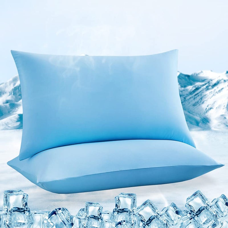 LUXEAR Cooling Pillow Cases, 2 Pack Stretch Arc-Chill Q-max 0.55 Cool Pillowcases Fit Standard & Queen Size Pillows, Breathable Silky Summer Pillow Cover for Hair Skin Hot Sleeper Night Sweat - Blue - Image 1