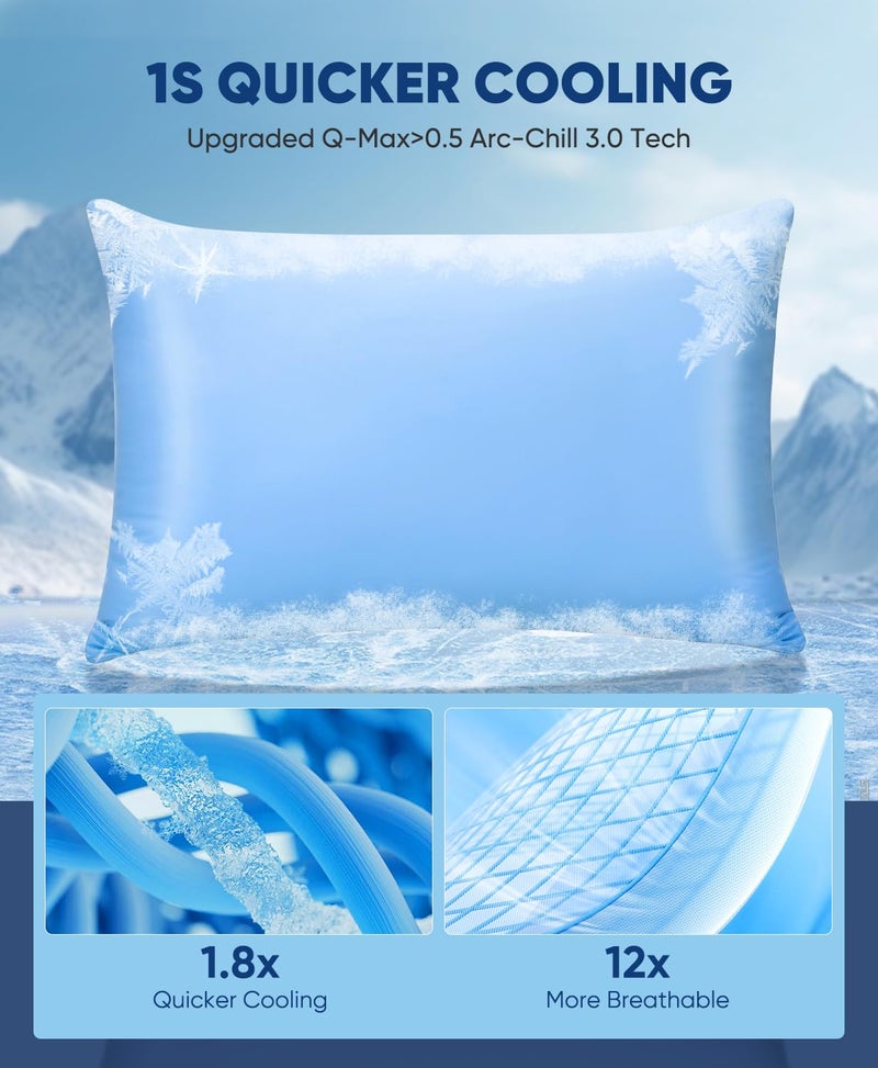 LUXEAR Cooling Pillow Cases, 2 Pack Stretch Arc-Chill Q-max 0.55 Cool Pillowcases Fit Standard & Queen Size Pillows, Breathable Silky Summer Pillow Cover for Hair Skin Hot Sleeper Night Sweat - Blue - Image 2